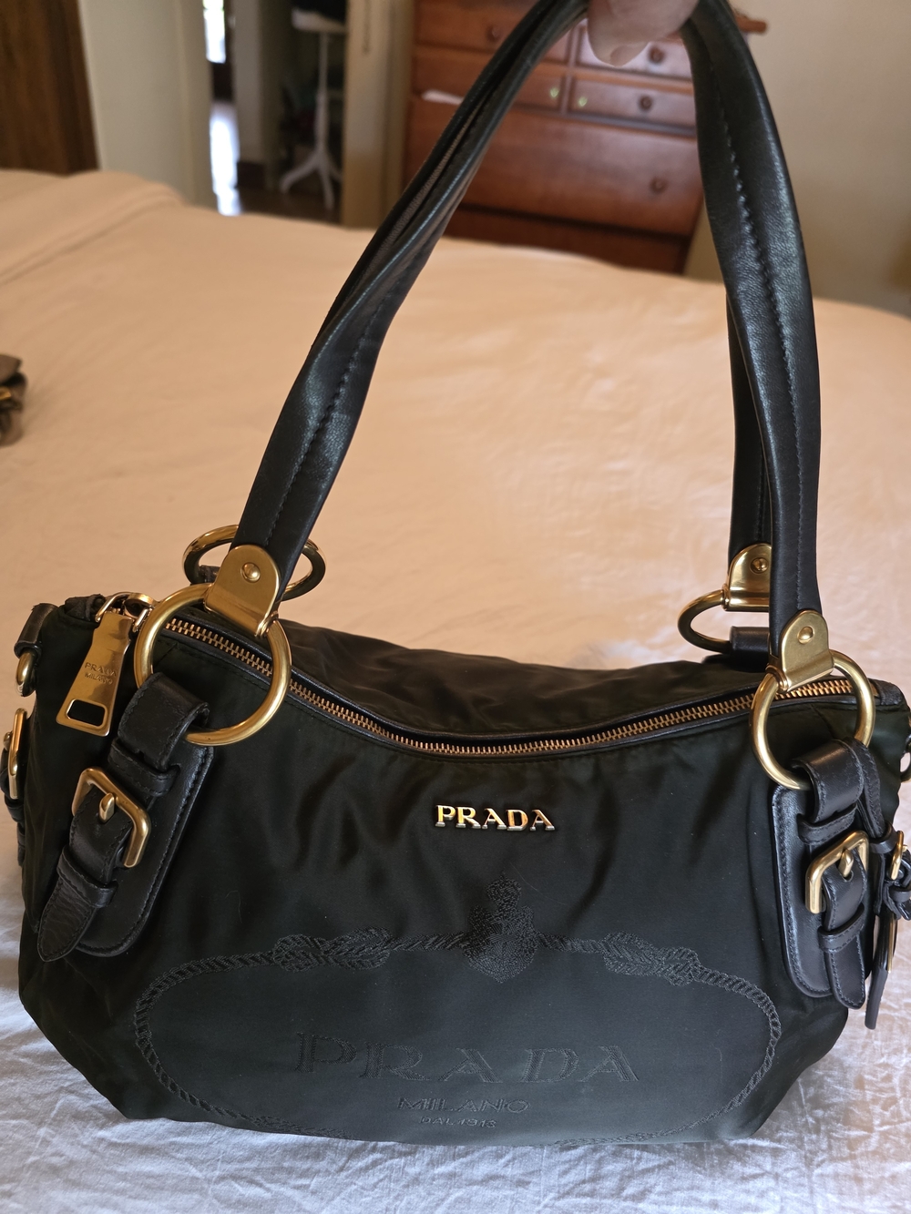PRADA Black Nylon Shoulder Bag with Gold Hardware